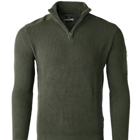 Zimego Mens Olive Green Ribbed Quarter Zip Sweater With Shoulder pocket - Picture 1 of 10